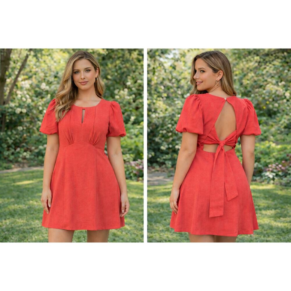 Barbiecore City Studio Coral Puff Sleeve Mini Dress Keyhole Tie Back Size 1 NEW